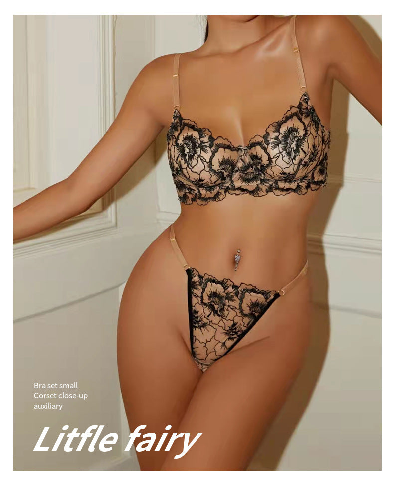 Cross-Border Pure Desire Sexy Lingerie Thin Floral Embroidery Large Bust Minimizer Anti-Sagging Lace Erotic Lingerie Set for Women