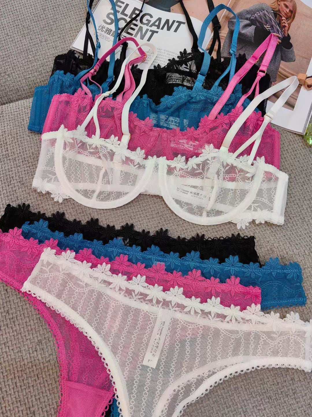 Cross-Border European and American Style French Lace Sexy Lingerie Ultra-Thin See-Through Half-Cup Embroidery Big Chest Minimizer Sexy Lingerie Set