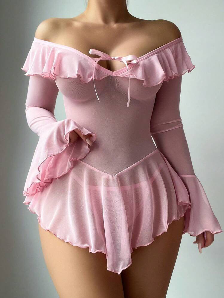 European and American Cross-Border Sexy Lingerie Set Long Sleeve Off-Shoulder Tie Bow Ruffle One-Piece Nightdress