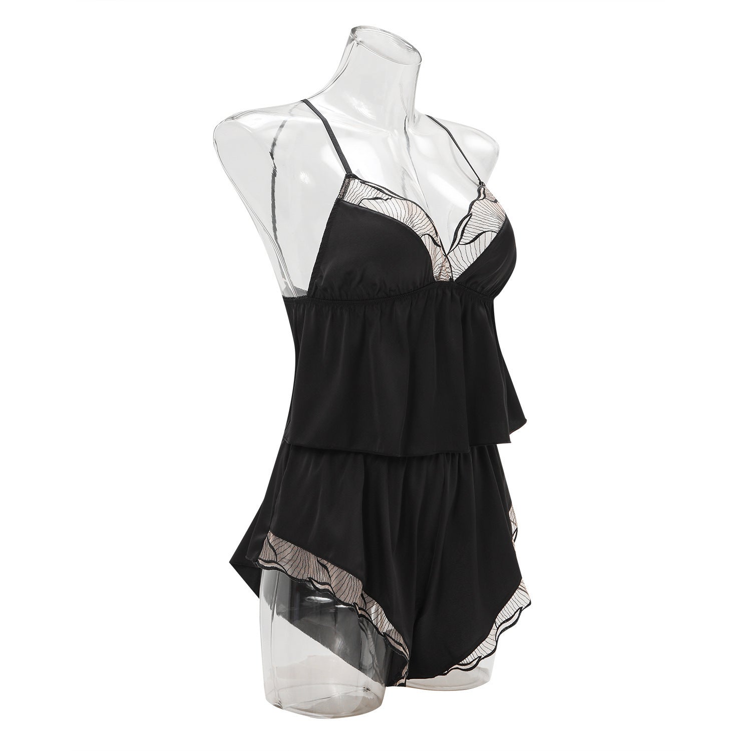 Foreign Trade Cross-Border Sexy Satin Nightdress Summer Thin Style V Comfortable Lace Pajama Set with Camisole and Shorts