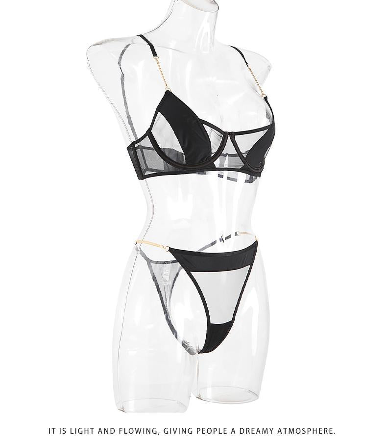 Cross-Border Sexy Lingerie Thin See-Through Mesh French Style Bra Large Bust Minimizer Plus Size Bra and Thong Set