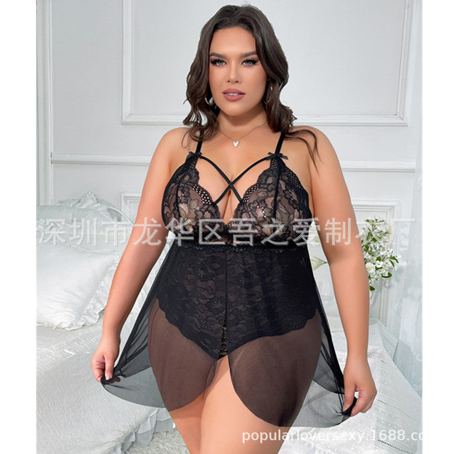2024New Sexy Lingerie See-through Lace Temptation One-piece Camisole Sexy Nightdress V Cross Collar Cardigan Pajamas