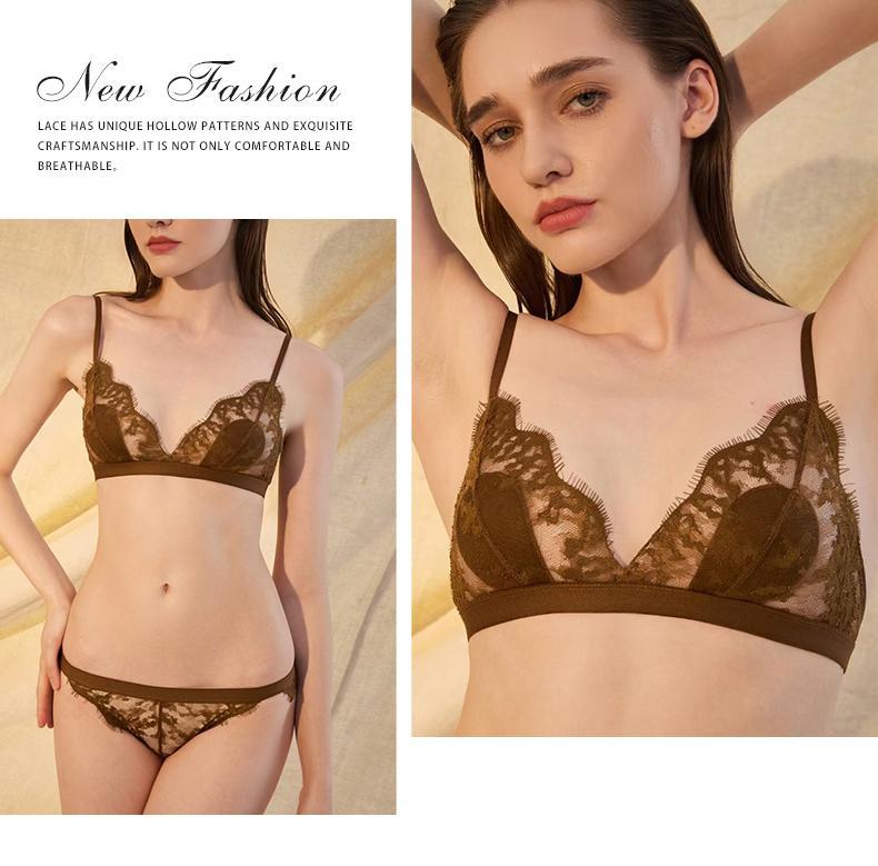 Cross-Border European and American Style Sexy Lingerie Thin Cotton Eyelash Lace Large Bust Minimizer Wireless Triangle Cup Bra Set