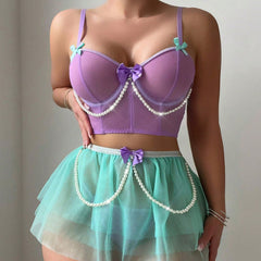 Amazon Cross-Border Hot-Selling Sexy Lingerie for Women Lace Pearl Mesh See-Through Short Skirt Thong Three-Piece Set