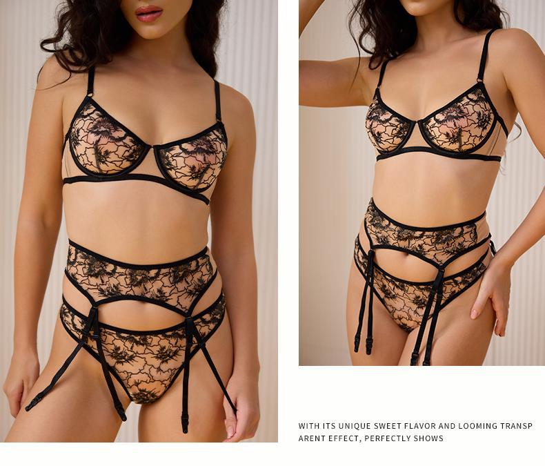 European and American French Style Sexy Lingerie Ultra-thin See-through Lace Bra Large Bust Minimizer Anti-sagging Plus Size Bra Three-piece Set