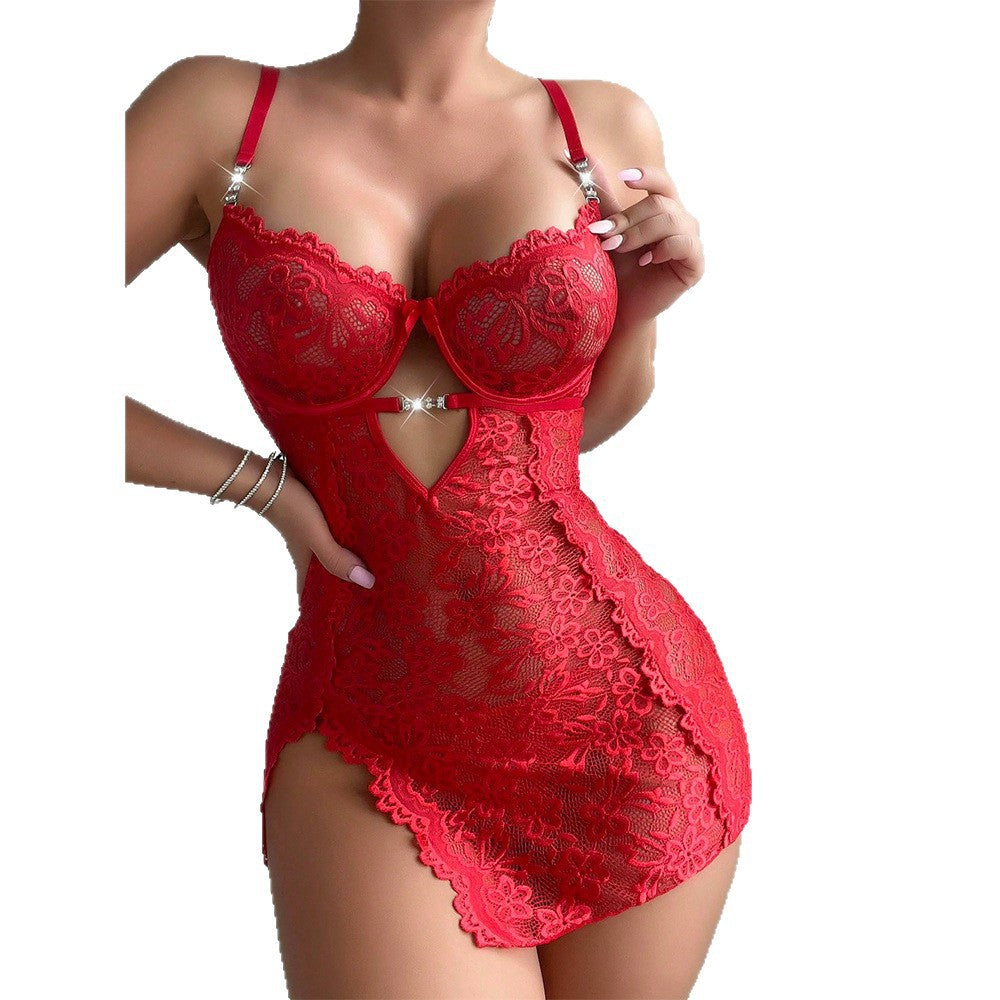 Cross-Border Foreign Trade Hot-Selling Sexy Lingerie Set Embroidered Lace See-Through Bodysuit Thong Two-Piece Set for Women