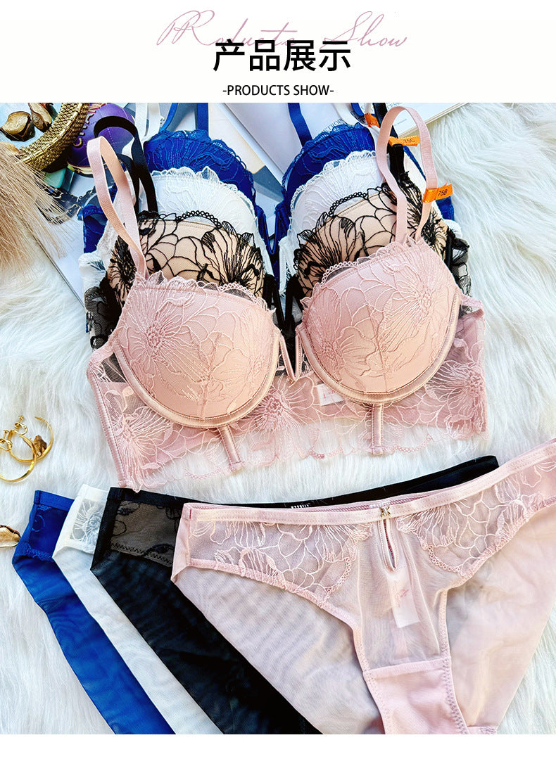 Cross-border French-style Sexy Lingerie Deep V Vintage Mesh Embroidered Lace Bra Small Chest Push-Up Lingerie Set
