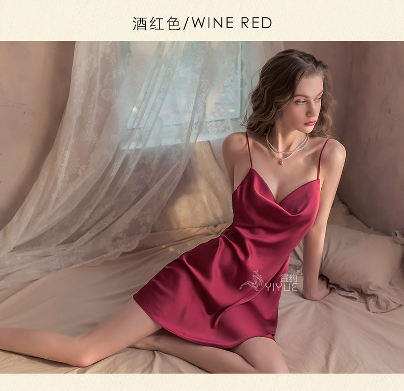 Yiyue New Sexy Nightdress for Women Hollow Out Satin Silky Homewear Erotic Lingerie Hot Strap Nightdress8358