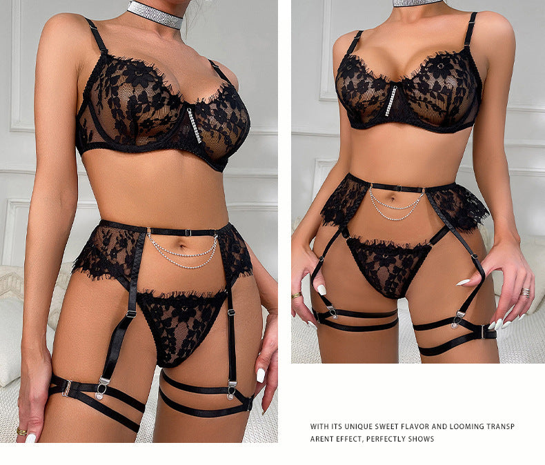European and American Hot-Selling Sexy Lingerie for Women with Embroidered Eyelash Edge, Rhinestone Neck Ring, Garter Belt, Bra, and Five-Piece Set