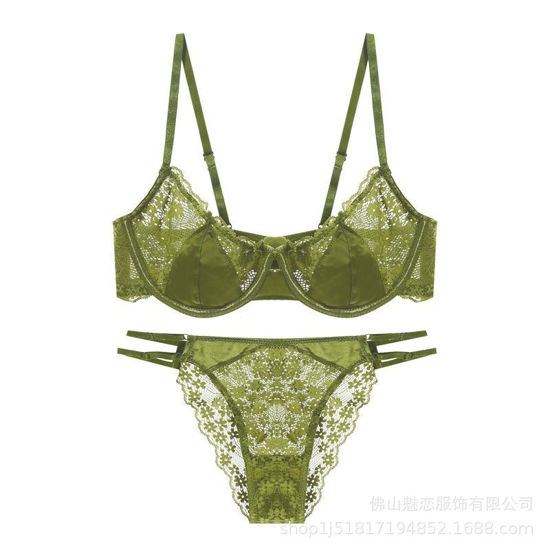 French Style Sexy Lingerie for Women Lace Girl Satin Embroidery Print Large Bust Minimizer Push-Up Bra Set