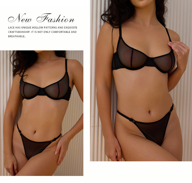 French Style Lingerie Sexy Leopard Print Ultra-Thin See-Through Mesh Erotic Bra Set for Large Busts Minimizing Anti-Sagging Bra Set