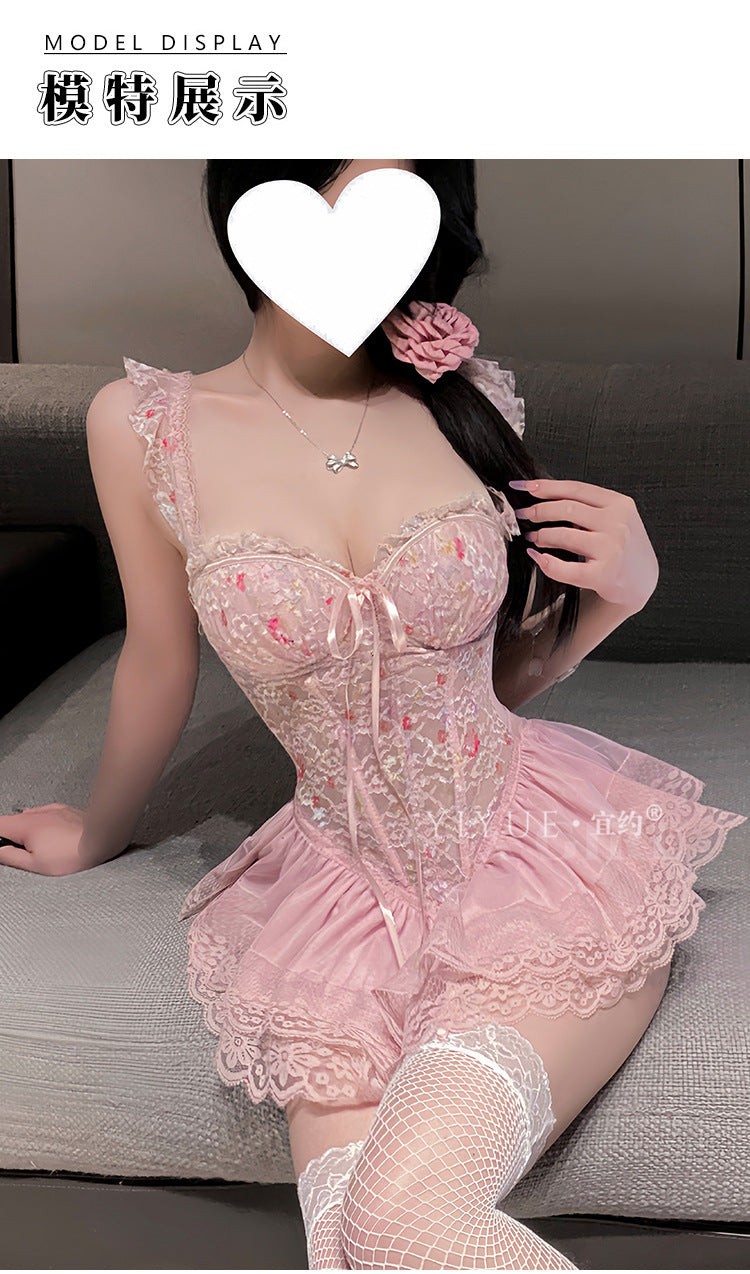 Yiyue Sexy Plus Size Floral Fishbone Push-Up Vest Dress Women's Lingerie Lace Temptation Set Nightwear1208