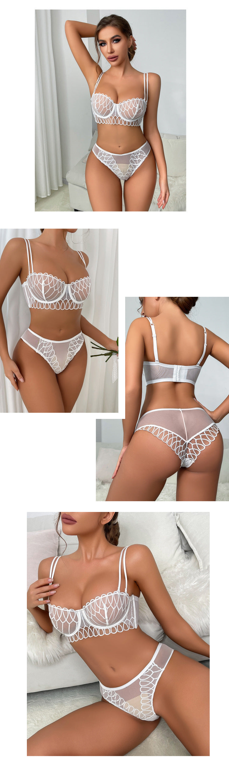 Cross-Border European and American Style French Lingerie Sexy Set Ultra-Thin See-Through Mesh Large Bust Minimizer Anti-Sagging Lace Bra