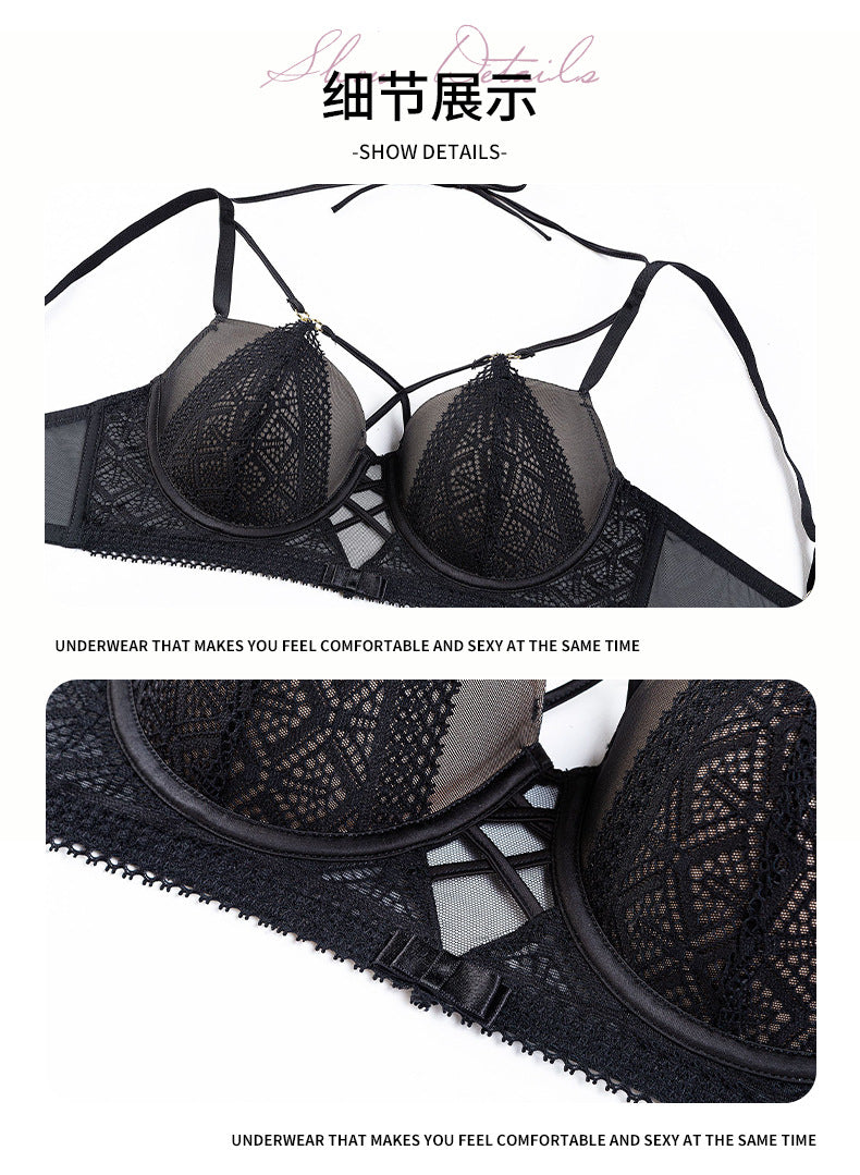 Cross-Border European and American Style French Lingerie Sexy Lace Strap Design Large Bust Push-Up Anti-Sagging Bra Set