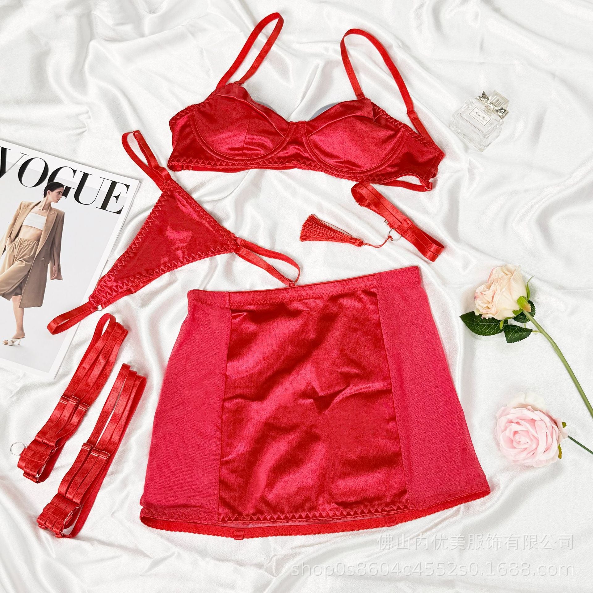 AliExpress Foreign Trade Sexy Lingerie Women's Sexy Satin Tassel Mesh See-through Bodycon Skirt Thong Five-piece Set