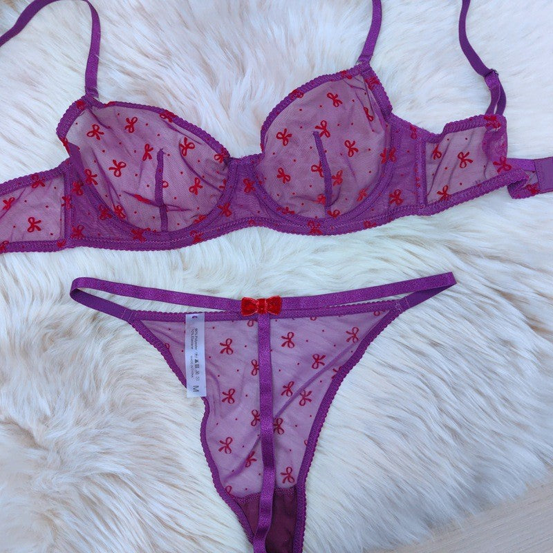 European and American Cross-Border Hot-Selling Sexy Lingerie for Women Ultra-Thin Flocked Printed Mesh Lace French Lingerie Set