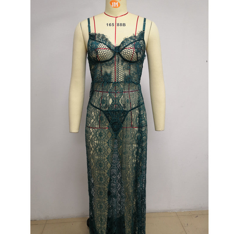 Foreign Trade Spring Summer New Women's Sexy Open Front Lace French Bathrobe Nightgown Sexy Homewear Set In Stock