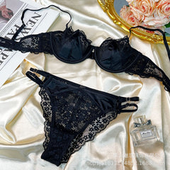 French Style Sexy Lingerie for Women Lace Girl Satin Embroidery Print Large Bust Minimizer Push-Up Bra Set