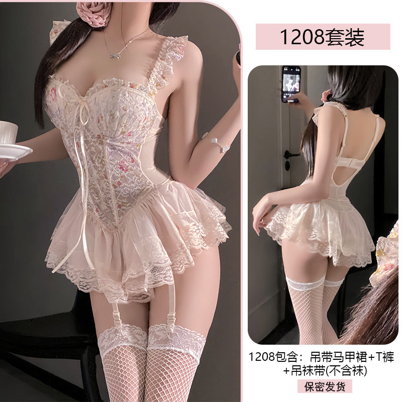 Yiyue Sexy Plus Size Floral Fishbone Push-Up Vest Dress Women's Lingerie Lace Temptation Set Nightwear1208