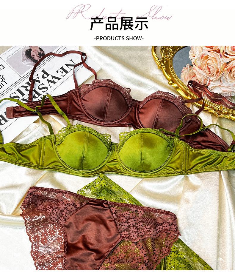 Cross-Border European and American Style French Lingerie Women Sexy Thin Lace Satin Bra Large Bust Minimizer Anti-Sagging Bra Set