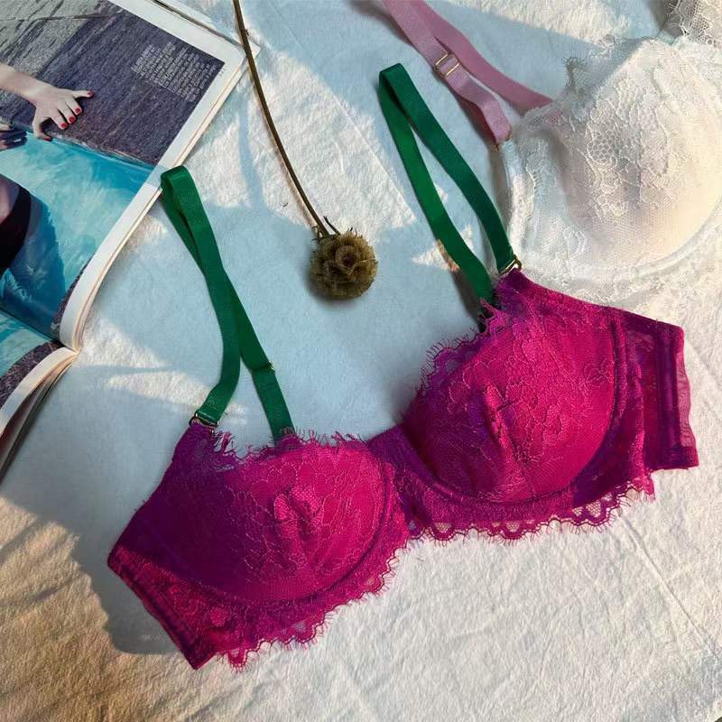 European and American Russian Hot-Selling Sexy Lingerie Lace Small Chest Enhancing Anti-Sagging Embroidered Color-Block Push-Up Bra Set