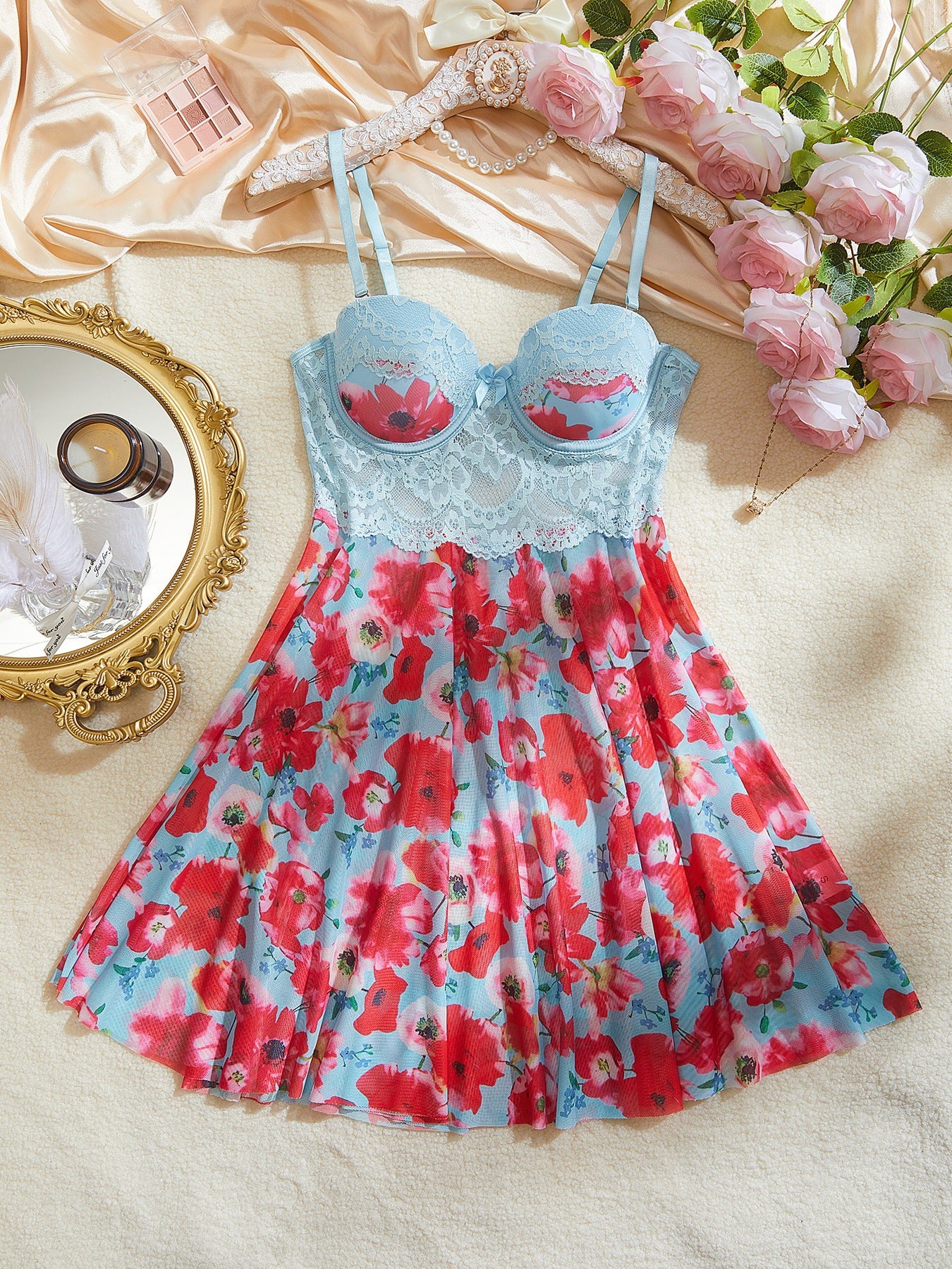 European and American Cross-Border Sexy Nightwear Women's Lace Mesh Printed Bodysuit Thong Two-Piece Set Hot Selling in Foreign Trade