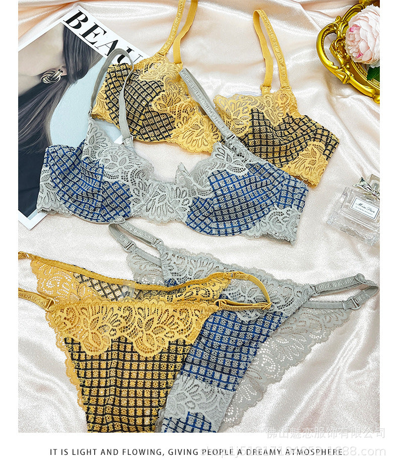 Cross-Border European and American Style French Lingerie Sexy See-Through Mesh Lace Plaid Large Bust Minimizer Push-Up Bra Set