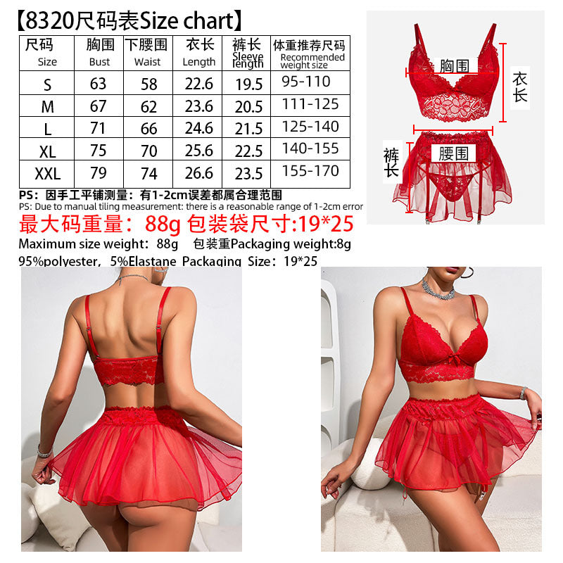 Amazon European and American Cross-Border Sexy Lingerie Lace See-Through Temptation Bra Short Skirt Thong Three-Piece Set