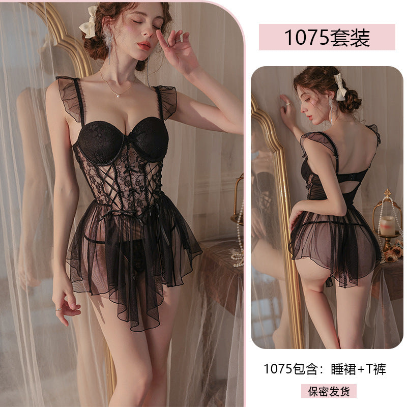 Yiyue Original Sexy Lace Temptation Push-Up Nightdress Pure Desire Erotic Lingerie Lace-Up Fishbone Corset Nightgown1075