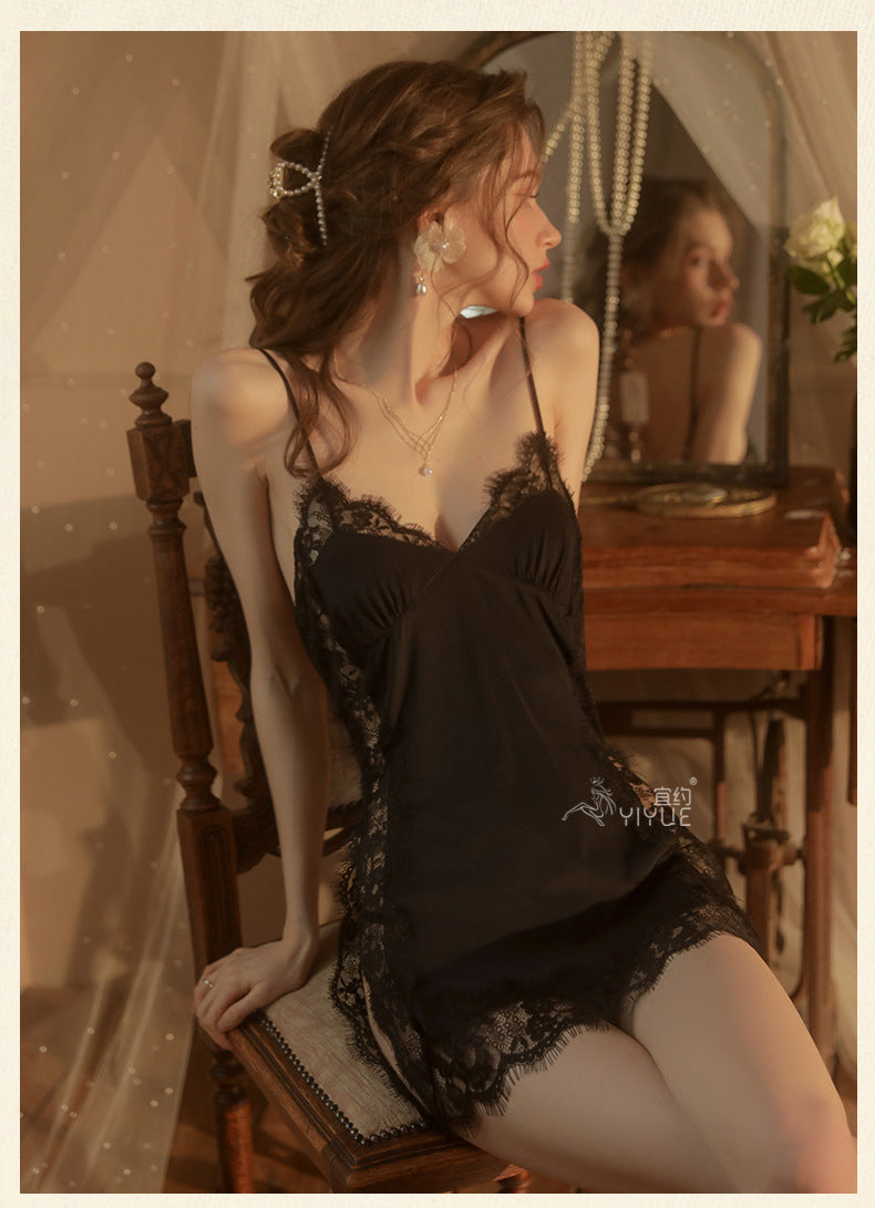Yiyue Sexy Lingerie Sexy Strap Nightdress Hollow Deep v Hot Lace Temptation Nightdress Passion Uniform8487