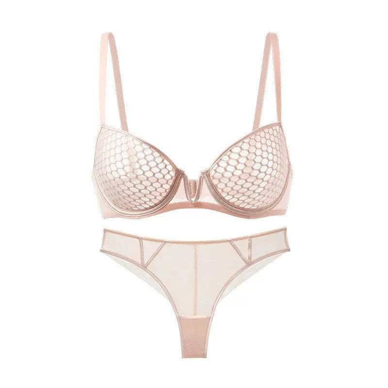 Cross-Border European and American Sexy Lingerie Set Ultra-Thin Honeycomb Pattern Soft Underwire Bra Large Bust Minimizer Anti-Sagging Bra for Women