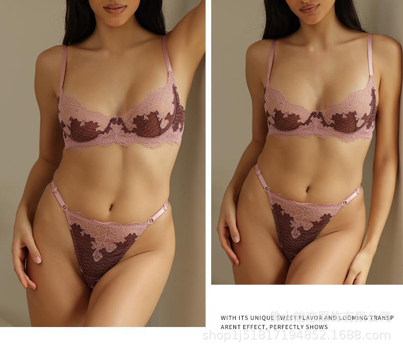 Cross-Border European and American Sexy Lingerie Set Ultra-Thin Lace French Bra Large Bust Minimizer Thong Two-Piece Set