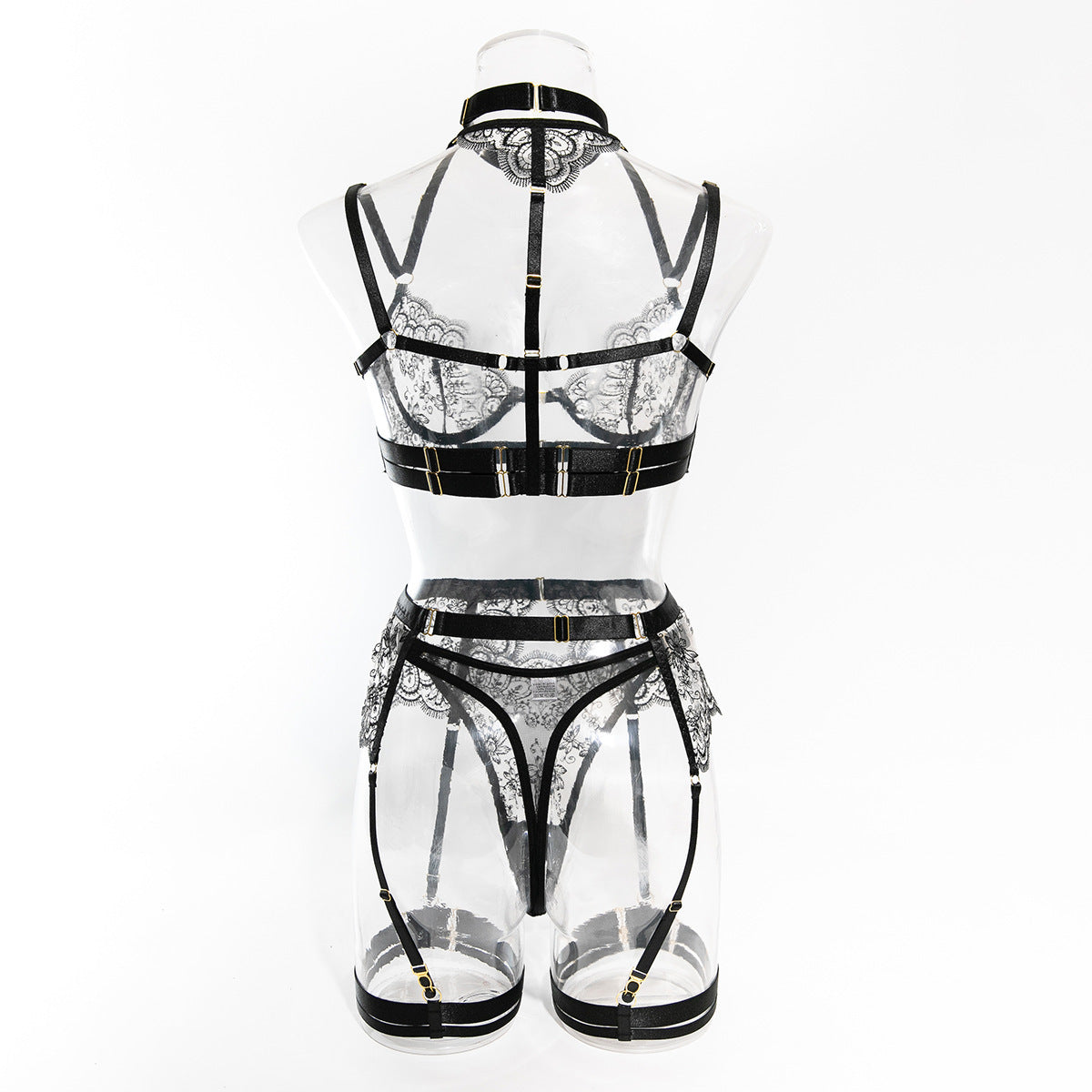 Foreign Trade High-Quality Sexy Lingerie Embroidered Eyelash Edge Large Bust Minimizer Sexy See-Through Front Open Four-Piece Set