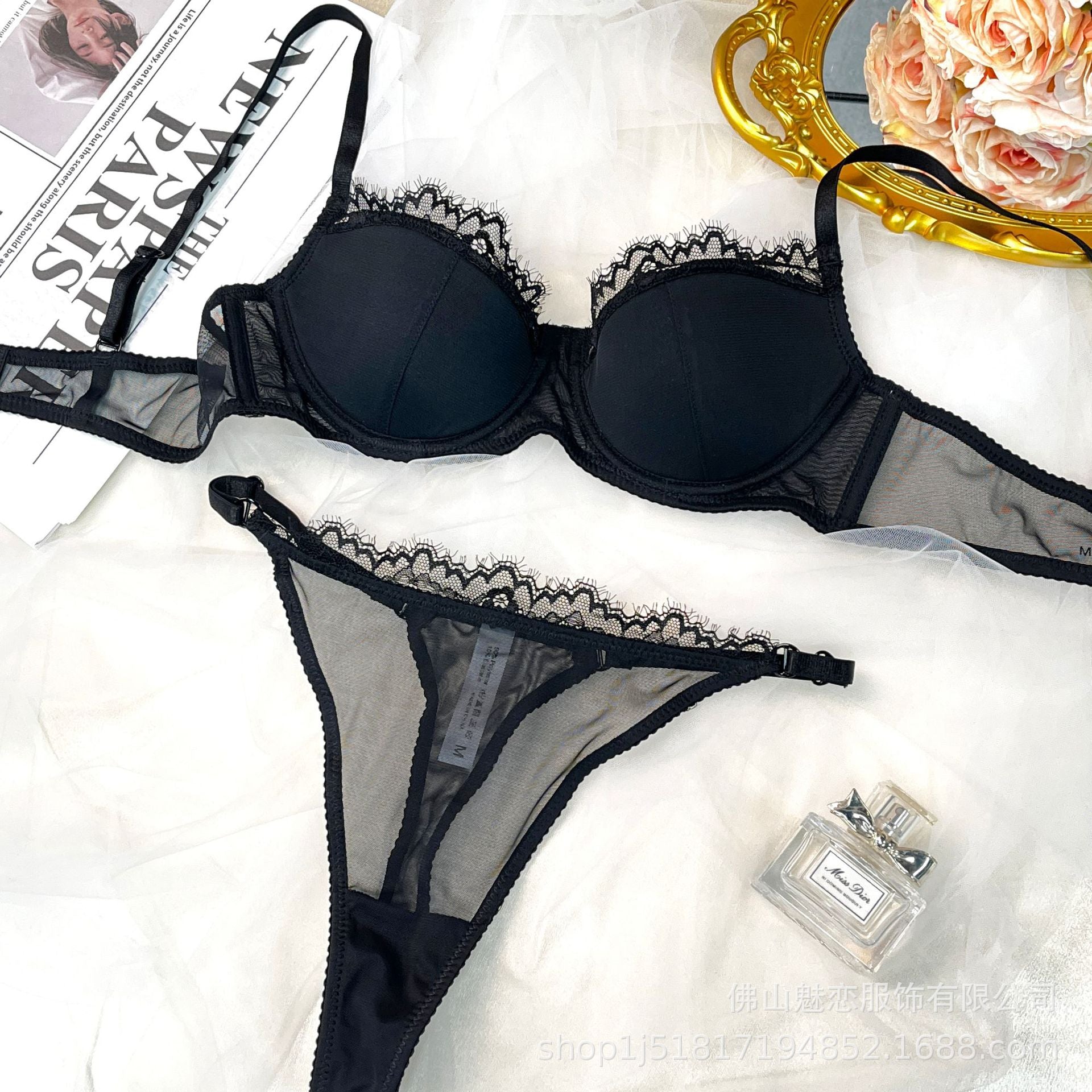 Cross-Border European and American Style Sexy Lingerie for Women Lace Leopard Mesh See-Through Large Bust Minimizer Push-Up Bra Set
