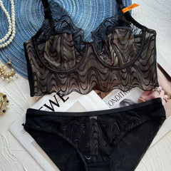 Cross-Border Plus Size Lace Lingerie French Style Pure Desire Sexy Mesh Ultra-Thin Large Bust Minimizer Bra Set Sexy Bra