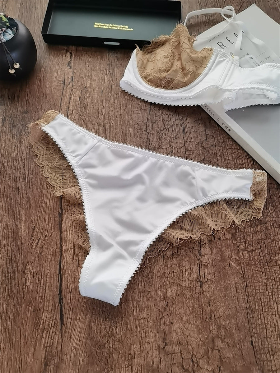 European and American Cross-Border Hot-Selling Sexy Lingerie for Women Ultra-Thin See-Through Large Bust Minimizing French Lace Erotic Bra Set