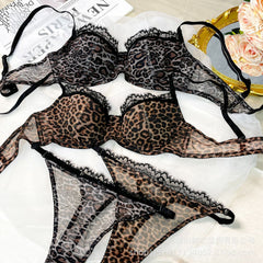 Cross-Border European and American Style Sexy Lingerie for Women Lace Leopard Mesh See-Through Large Bust Minimizer Push-Up Bra Set