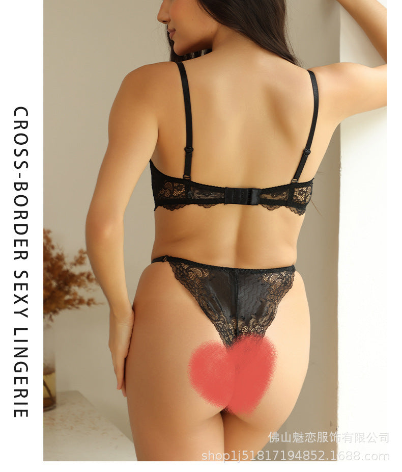 Cross-Border European and American Sexy Lingerie Set Ultra-Thin Lace French Bra Large Bust Minimizer Thong Two-Piece Set