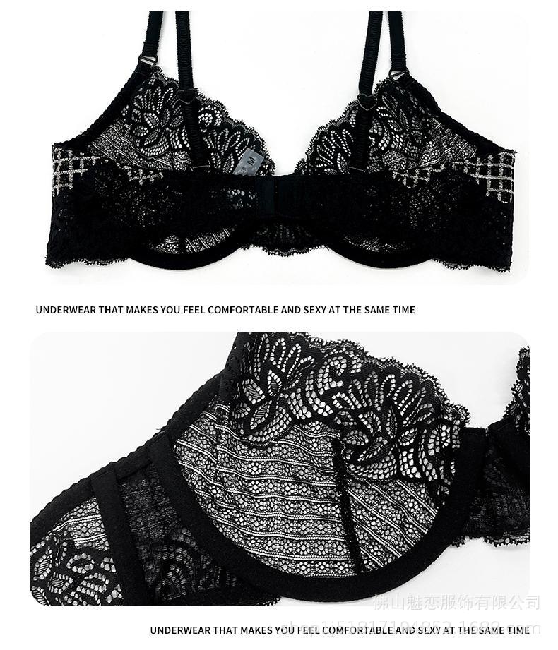 Cross-Border European and American Style French Lingerie Sexy See-Through Mesh Lace Plaid Large Bust Minimizer Push-Up Bra Set