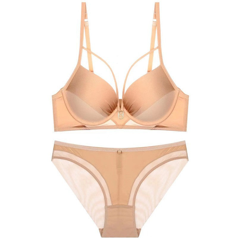 Amazon Cross-Border Sexy Lingerie Women's Satin Hollow Out Strap Small Chest Enhancing Push-Up Anti-Sagging Bra Set