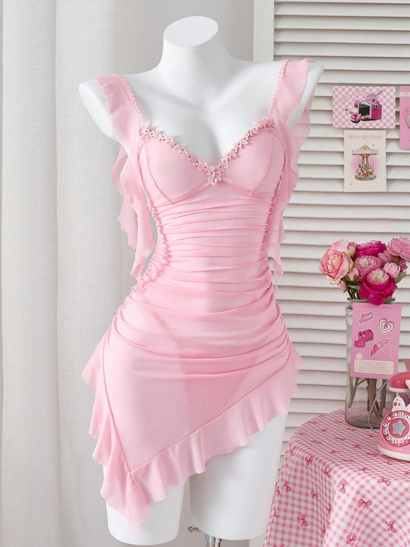Sexy Lingerie Pure Desire Style Ruched Slimming See-through Mesh Passion Backless with Chest Pads Slim Fit Camisole Erotic Nightdress