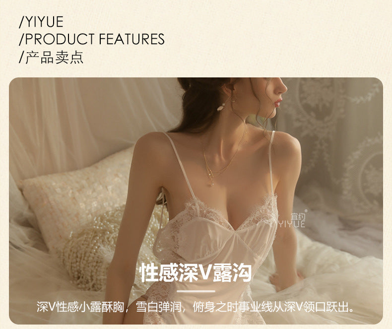 Yiyue Sexy Lingerie Sexy Strap Nightdress Hollow Deep v Hot Lace Temptation Nightdress Passion Uniform8487