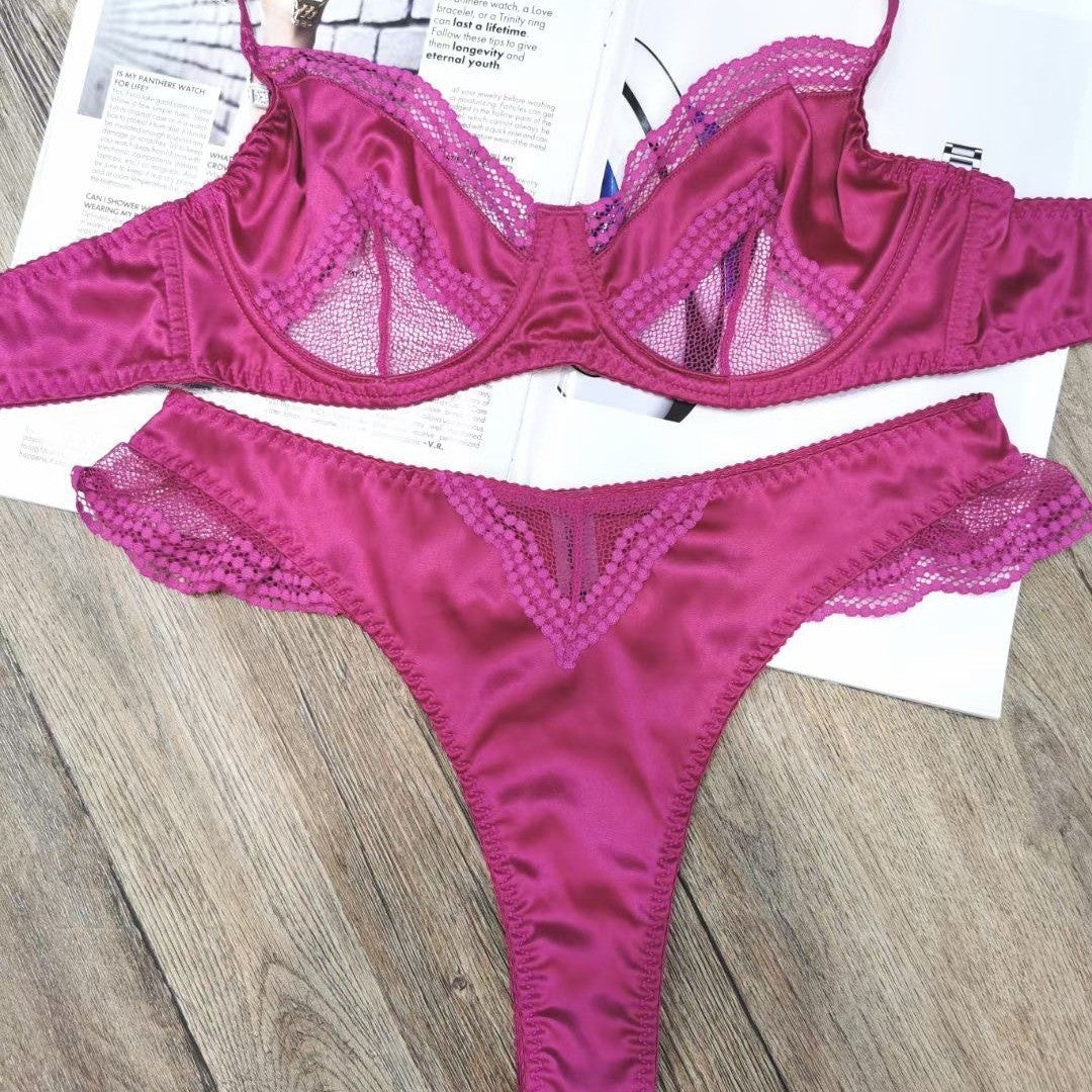 European and American Cross-Border French Style Lingerie Summer Sexy Ultra-Thin Mesh Patchwork Satin Lace Large Bust Minimizer Bra Set