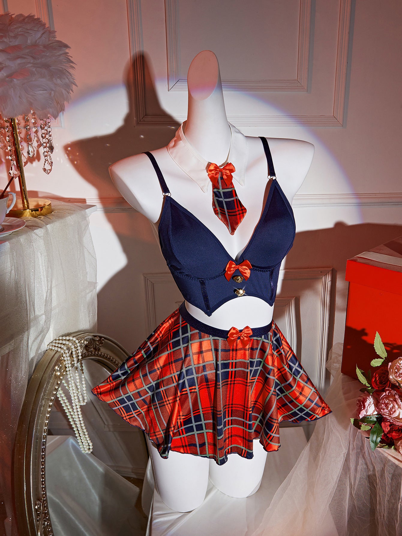 Cross-Border Foreign Trade Sexy Lingerie for Women Temptation Passion Uniform Bra Plaid Short Skirt Thong Three-Piece Set