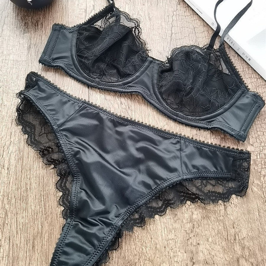 European and American Cross-Border Hot-Selling Sexy Lingerie for Women Ultra-Thin See-Through Large Bust Minimizing French Lace Erotic Bra Set