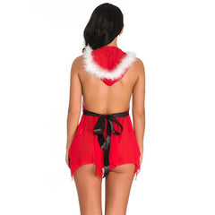 Amazon Christmas Uniform Sexy Backless Dress Women's Mesh See-through Erotic Nightdress Deep V Lace-up Halter Nightdress