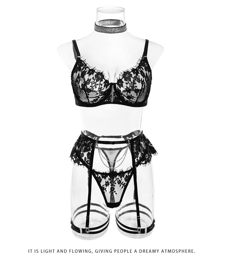 European and American Hot-Selling Sexy Lingerie for Women with Embroidered Eyelash Edge, Rhinestone Neck Ring, Garter Belt, Bra, and Five-Piece Set