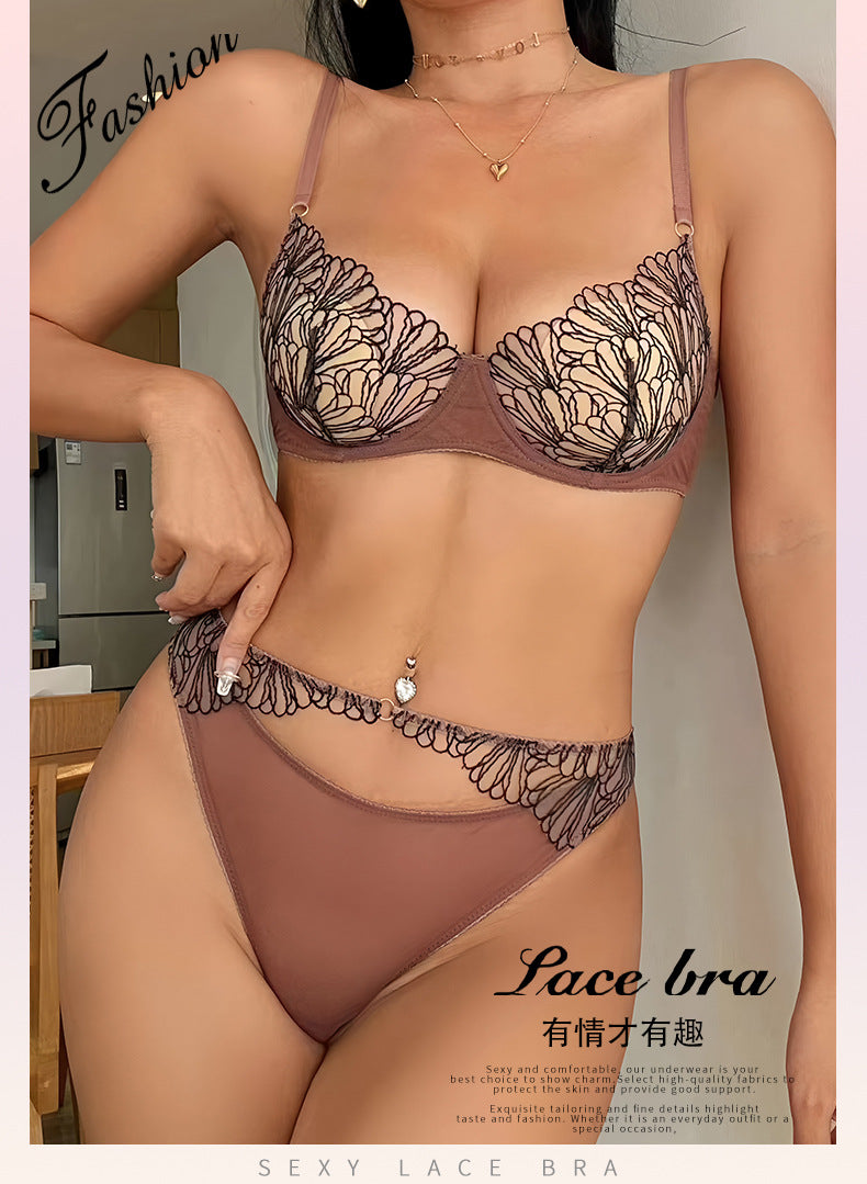 European and American French Style Sexy Lingerie for Women, Ultra-Thin Sheer Mesh, Large Bust Minimizer, Anti-Sagging Lace Bra Set