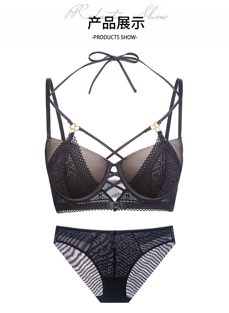 Cross-Border European and American Style French Lingerie Sexy Lace Strap Design Large Bust Push-Up Anti-Sagging Bra Set