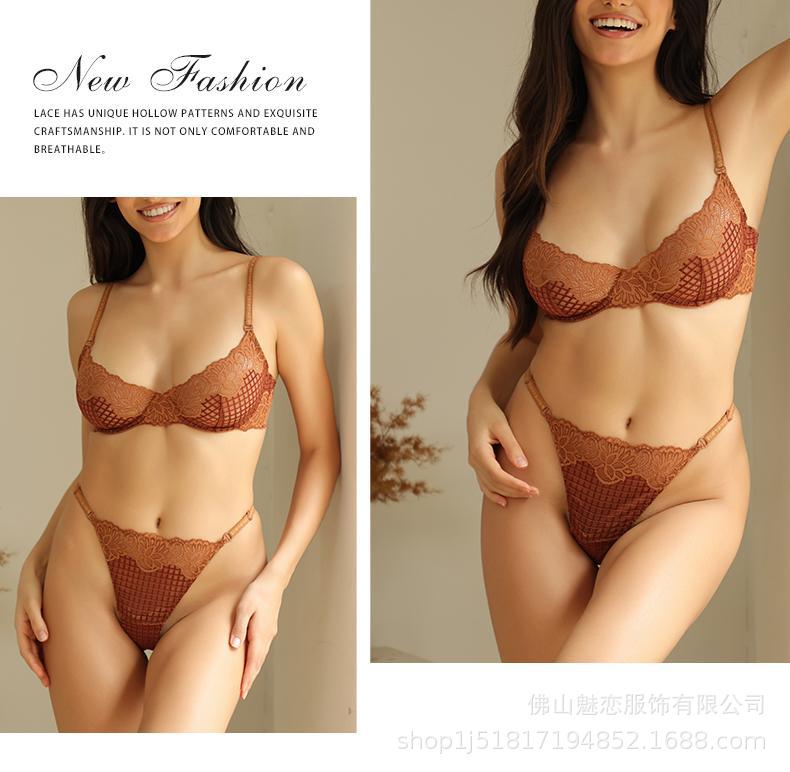 Cross-Border European and American Style French Lingerie Sexy See-Through Mesh Lace Plaid Large Bust Minimizer Push-Up Bra Set